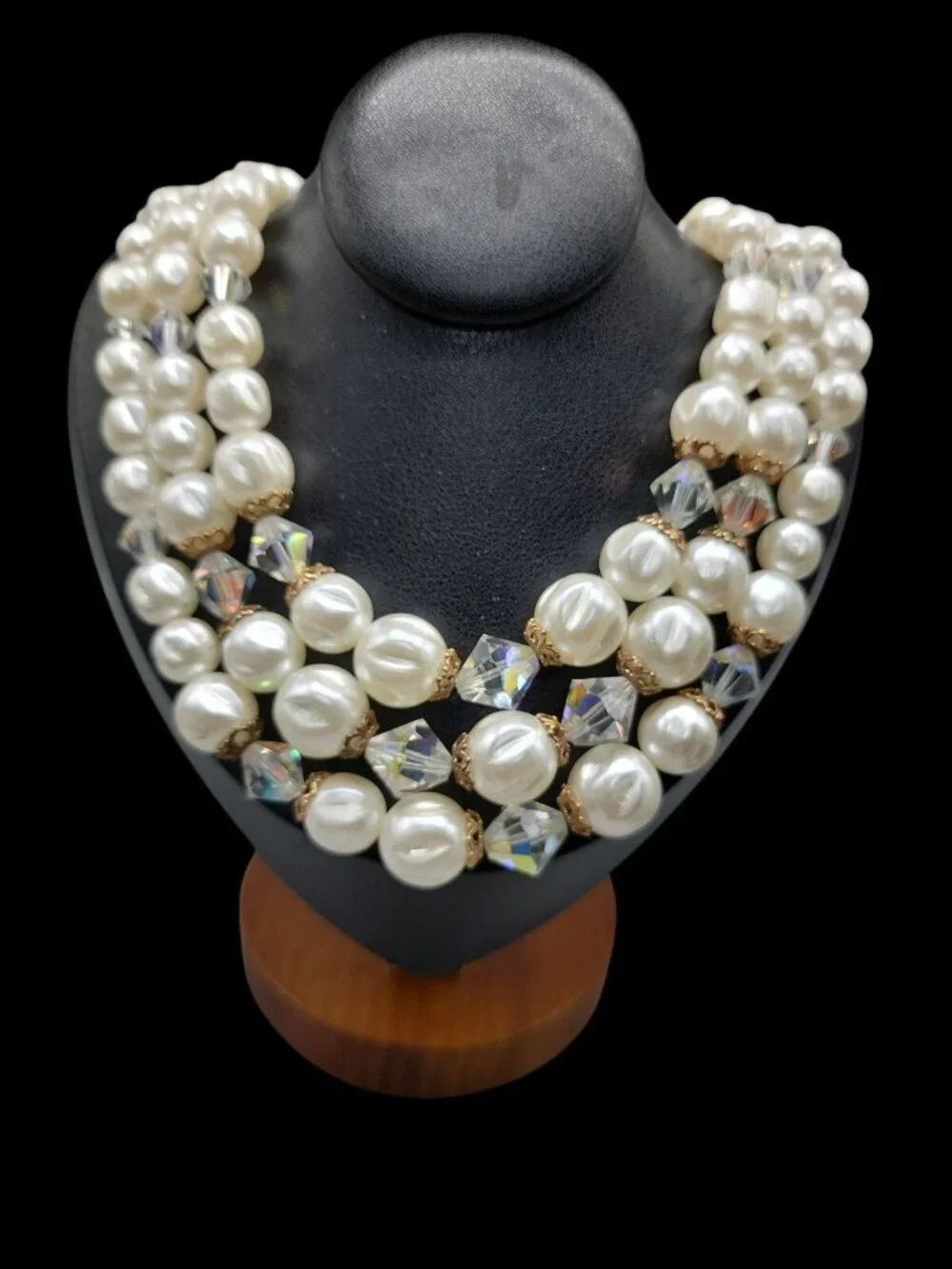 Faux Pearl Choker Multistrand Necklace Aurora Borealis Prism Spacers 16